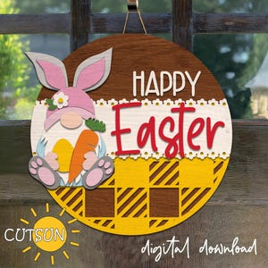 Pasen deurhanger paaskabouter svg SVG kabouter welkomstbord Pasen voordeur decor svg Glowforge SVG lasergesneden bestand