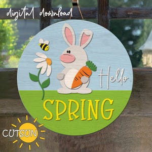 Hello Spring door hanger svg Easter bunny welcome Sign svg Daisy svg Bee svg Spring svg Bunny svg Laser cut file Cricut svg