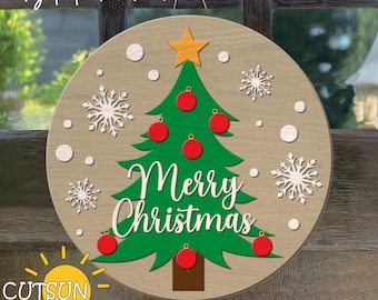 Colgador de puerta de Feliz Navidad SVG / Letrero de puerta de árbol de Navidad SVG / Decoración navideña Decoración de invierno Archivo cortado con láser