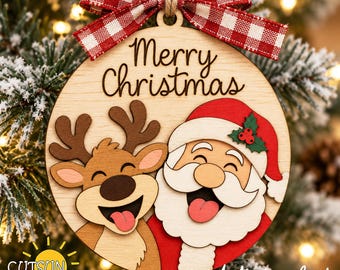 Santa and Reindeer Christmas Ornament SVG, Funny Christmas Laser Cut File, Layered Wood Ornament, Merry Christmas SVG