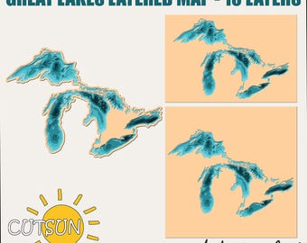Layered Great Lakes map SVG - 10 layers | Lake art laser cut file | Cricut svg