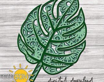 3D layered Monstera Leaf Mandala SVG file | 3D layered Tropical leaf | 3D layered DXF laser cut | Commercial use Glowforge | Cricut