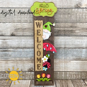 Bonjour printemps porche signe SVG, module complémentaire Gnome interchangeable, porche vertical leaner signe de bienvenue, printemps SVG, fichier découpé au laser
