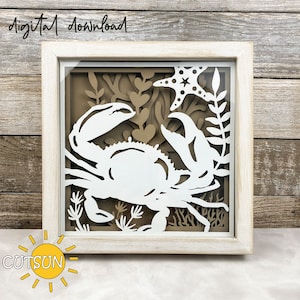 Strandhaus Schattenbox svg | Krabbe Laser cut Datei | Strandhaus Wanddekor | Krabbe | Küsten Badezimmer Dekor svg | Cricut SVG