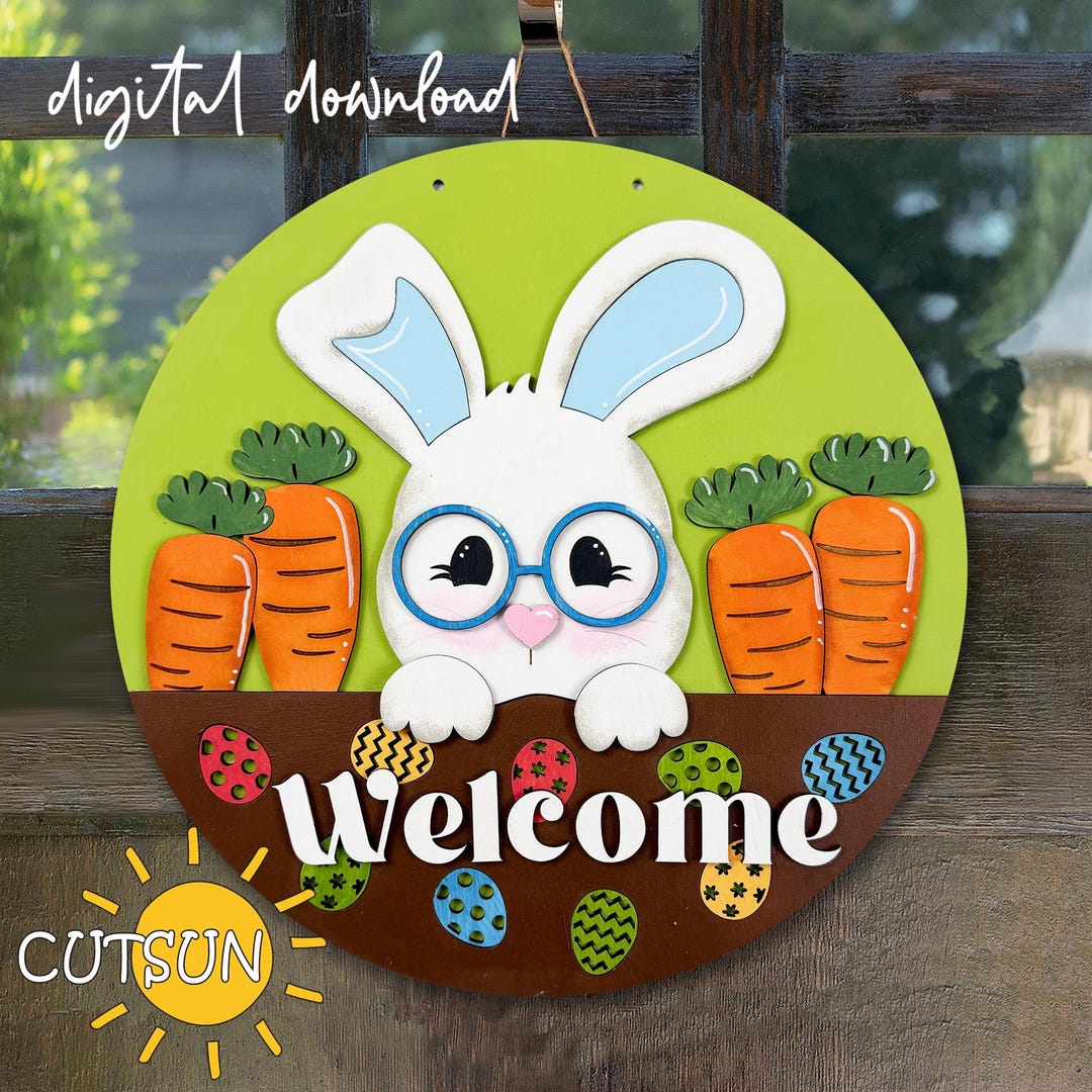 Easter Door Hanger SVG | Bunny With Glasses Welcome Sign SVG | Easter ...