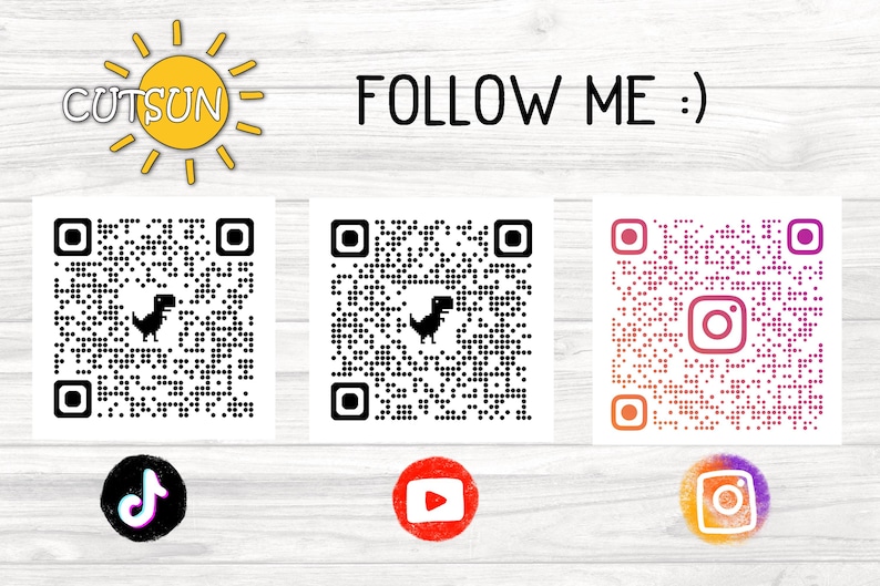 May include: Image with the text "FOLLOW ME :)" and the logo "CUTSUN" above three QR codes. Below the QR codes are social media icons for TikTok, YouTube, and Instagram.
