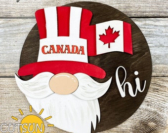 Colgador de puerta de gnomo redondo intercambiable SVG / Letrero de gnomo "Hola" complementario de Canadá / Archivo cortado con láser