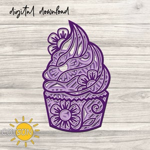 Cupcake en capas SVG / Glowforge SVG / Cupcake en capas 3D con flores SVG