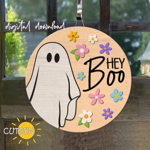 Halloween Door Hanger SVG Ghost Hey Boo Halloween door sign SVG Groovy Ghost svg Laser cut files Cricut SVG Glowforge svg Round welcome sign