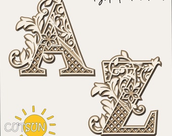 Mandala en capas del alfabeto 3D SVG A-Z / 26 letras en 3 capas / Archivo cortado con láser / Cricut SVG
