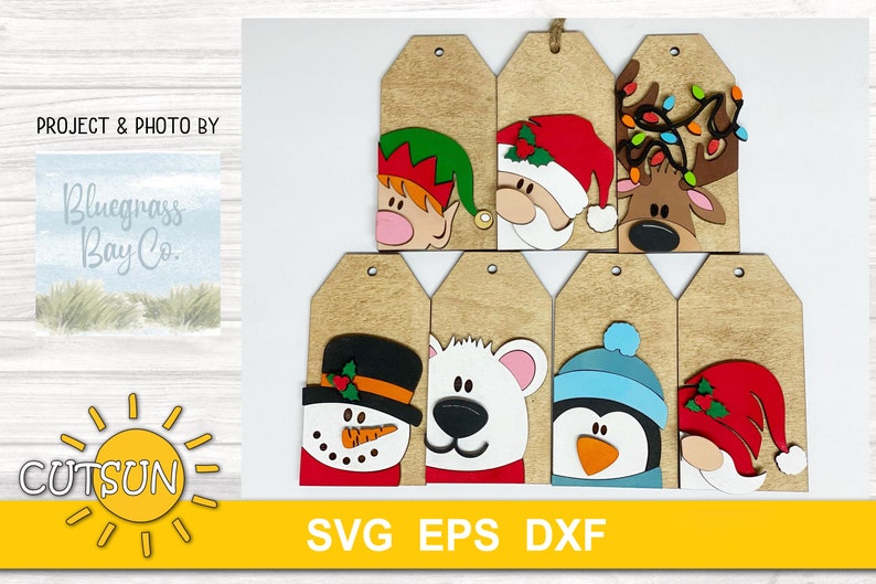 May include: Eight wooden Christmas gift tags with various holiday characters. The characters include a snowman, penguin, polar bear, elf, reindeer, and Santa Claus. The tags are all brown with white edges and have a hole at the top for hanging.