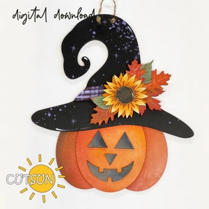 Jack O Lantern Halloween porta segno SVG / Halloween Door Hanger SVG / Versione assemblata e non assemblata