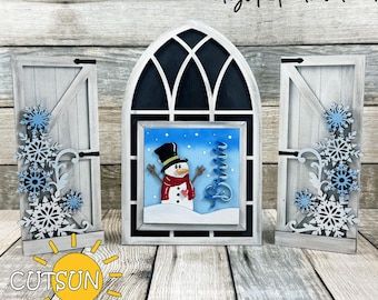 Winter Farmhouse Window Add-On SVG | Interchangeable Snowman & Snowflake Insert | Seasonal Laser Cut File
