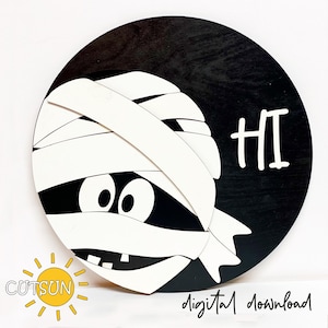 Mummy Halloween Door Hanger SVG – Cute &#39;Hi&#39; Mummy Laser Cut File for Glowforge, xTool & Other Laser Cutters