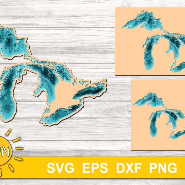 Layered Great Lakes map SVG EPS DXF - 10 layers | Cricut | Silhouette | Glowforge | Laser cutters