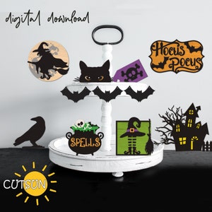 Halloween Tiered Tablett Dekor Set SVG | Hexe Tiered Tablett Dekor SVG | Glühschmieden SVG | Laser cut-Dateien