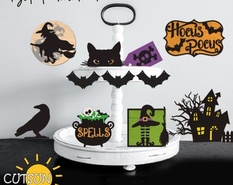 Set SVG de bandeja escalonada de Halloween / Decoración de bandeja escalonada de bruja y casa embrujada / Archivo cortado con láser