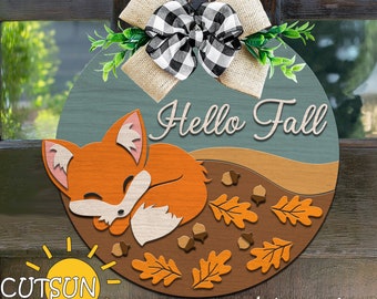 Hello Fall door hanger SVG Fox door hanger SVG Fall svg Hello Fall svg Front door sign Welcome sign svg Glowforge files