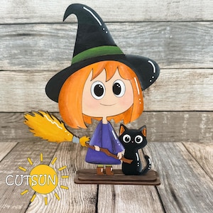 Witch with Cat Shelf Sitter SVG, Halloween Shelf Decor Laser Cut File, Cute Witch and Black Cat mantle decor, Halloween svg