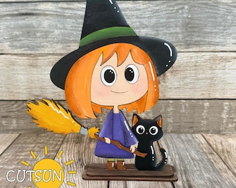 Witch with Cat Shelf Sitter SVG | Halloween Shelf Decor | Laser Cut File