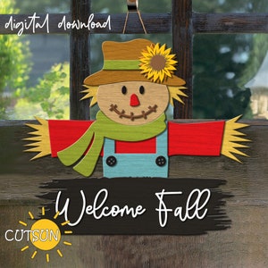 Fall door hanger SVG featuring a cute Scarecrow with a distressed sign saying 'Welcome Fall' - suitable for use with laser cutters or Cricut