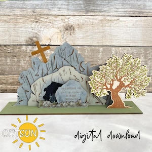 Pasen-SVG | Lege tombe He Is Risen-display | Paasplankoppas | Christelijk decor opstanding | Religieus plankdecor | Lasergesneden bestand