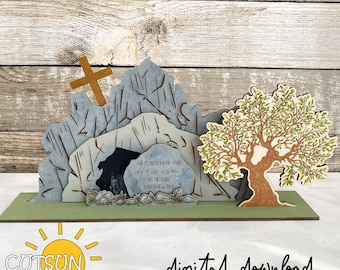 Easter SVG | Empty Tomb “He Is Risen” Shelf Sitter | Resurrection Christian Decor Laser Cut File