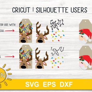 May include: Two Christmas gift tags featuring a reindeer with Christmas lights and a Santa Claus face. The tags are designed for use with Cricut or Silhouette cutting machines. The image includes the text "CRICUT | SILHOUETTE USERS", "DIFFERENT FILES FOR USE WITH CARDSTOCK", "VINYL", "CUTSUN", and "SVG EPS DXF".