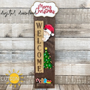 Merry Christmas Porch Sign SVG, Interchangeable Santa Add-On, Christmas Decor Laser Cut File, Vertical Porch Leaner SVG