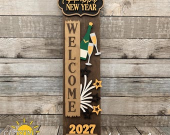 Happy New Year Porch Leaner Add-On SVG, Interchangeable Vertical Welcome Sign, 2027 Laser Cut File, New Year’s Eve Decor