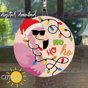 Christmas Flamingo Door Hanger SVG | Tropical Santa Hat Front Door Sign | Laser Cut File