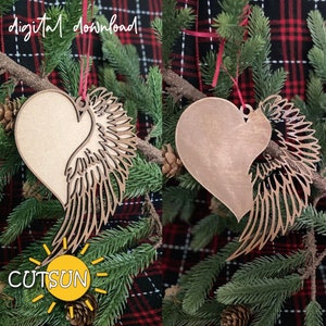 Adorno navideño de corazón y alas SVG Adorno navideño conmemorativo SVG Adorno personalizado svg Glowforge SVG Archivo cortado con láser