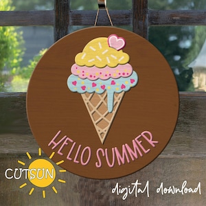 Sommer Türschild svg | Hello Summer Willkommensschild | Eistüte Tür Dekor | Glowforge svg | Laser cut Datei | Cricut svg