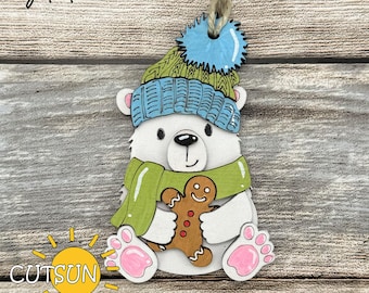 Polar Bear with Gingerbread Ornament SVG | Cute Christmas Laser Cut File | Layered Holiday Bear SVG | Digital Download for Glowforge