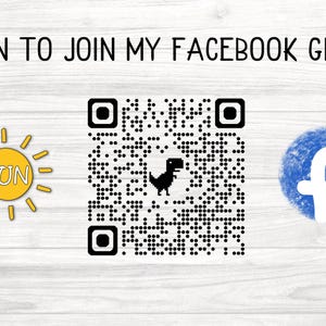 May include: A white wooden background with a black and white QR code in the center. The QR code has a small black dinosaur icon in the center. To the left of the QR code is a yellow sun with the text "CUTSUN" in black. To the right of the QR code is a blue circle with a white "f" in the center. The text "SCAN TO JOIN MY FACEBOOK GROUP" is at the top of the image.