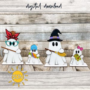 Interchangeable Boo Crew Ghost Shelf Sitters SVG | Halloween Shelf Decor with Add-Ons | Glowforge Laser Cut Files for Halloween Crafting