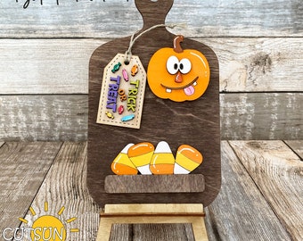 Trick or Treat Halloween Interchangeable Cutting Board Decor SVG | Jack O’Lantern Shelf Sitter | Halloween Kitchen Sign | Laser Cut File
