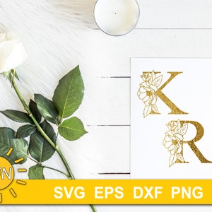 May include: Gold foil letters K and R with floral embellishments. The letters are on a white background with the words "SVG EPS DXF PNG" below.