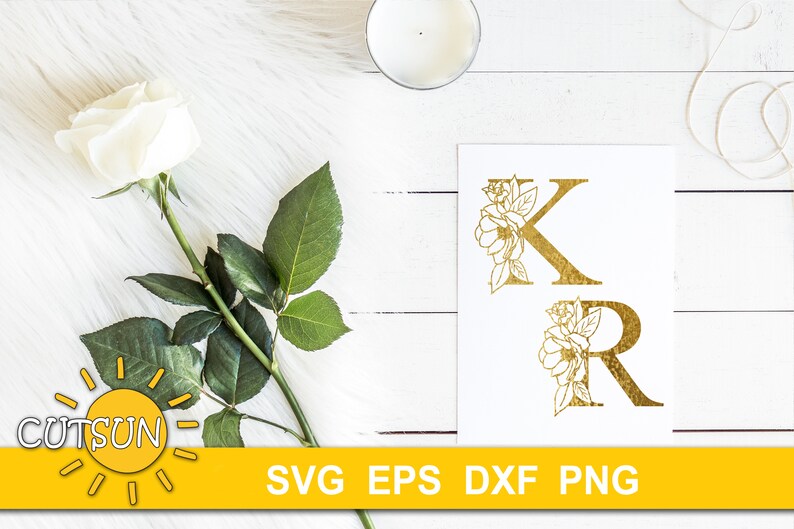 May include: Gold foil letters K and R with floral embellishments. The letters are on a white background with the words "SVG EPS DXF PNG" below.