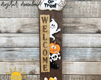 Interchangeable Halloween Porch Sign Add-On SVG | Ghost Vertical Leaner Plaque | Trick or Treat Door Sign | Laser Cut File