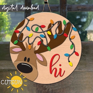 Accroche-porte renne SVG Accroche-porte de Noël SVG Renne Salut accroche-porte SVG Renne lumières svg Panneau de porte de Noël tête de renne svg