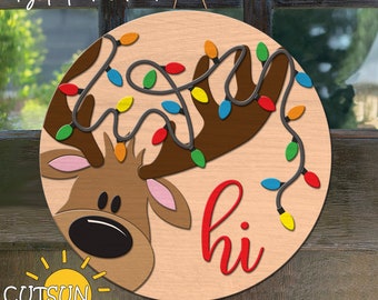 Reindeer Door Hanger SVG | Christmas Reindeer Hi Sign with Lights | Laser Cut File for Holiday Door Dеcor