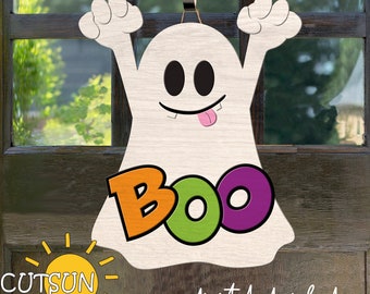 Ghost Boo Halloween Door Sign SVG | Spooky Halloween Door Hanger SVG | Boo Ghost Welcome Sign Laser Cut File | Glowforge SVG