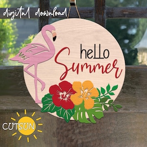 Hallo Sommer Türschild SVG | Flamingo Willkommensschild | Flamingo svg | Tropisch svg | Hibiskus svg | Blumen Türschild, Glowforge svg