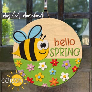 Hello Spring door hanger SVG Bee svg Flowers welcome sign Spring front door decor svg Spring svg  Glowforge svg laser cut file