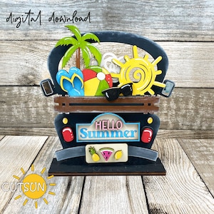 Module complémentaire SVG Hello Summer pour camion de ferme interchangeable | pour brouette de jardin | Décoration de porte d'été | Décoration d'étagère de camion Fichier découpé au laser