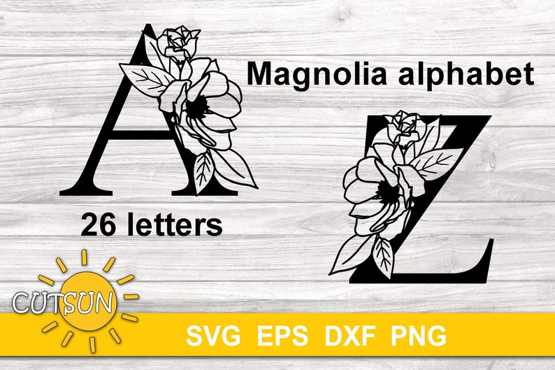May include: Black and white illustration of the letters A and Z with magnolia flowers. The text "Magnolia alphabet" and "26 letters" is also included in the image.