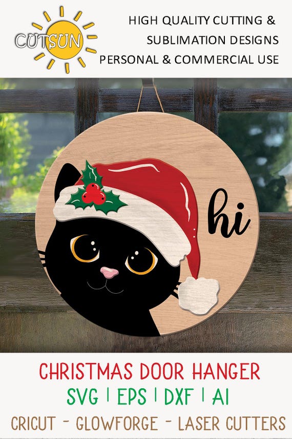 猫のクリスマスドアハンガーSVG | サンタ帽子猫ドアサインレーザー