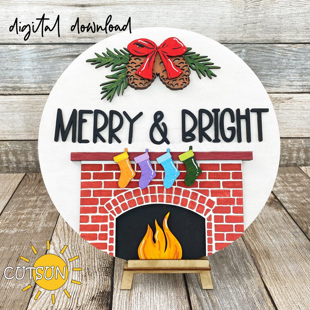Christmas Door Hanger SVG | Merry & Bright Fireplace Laser Cut File ...