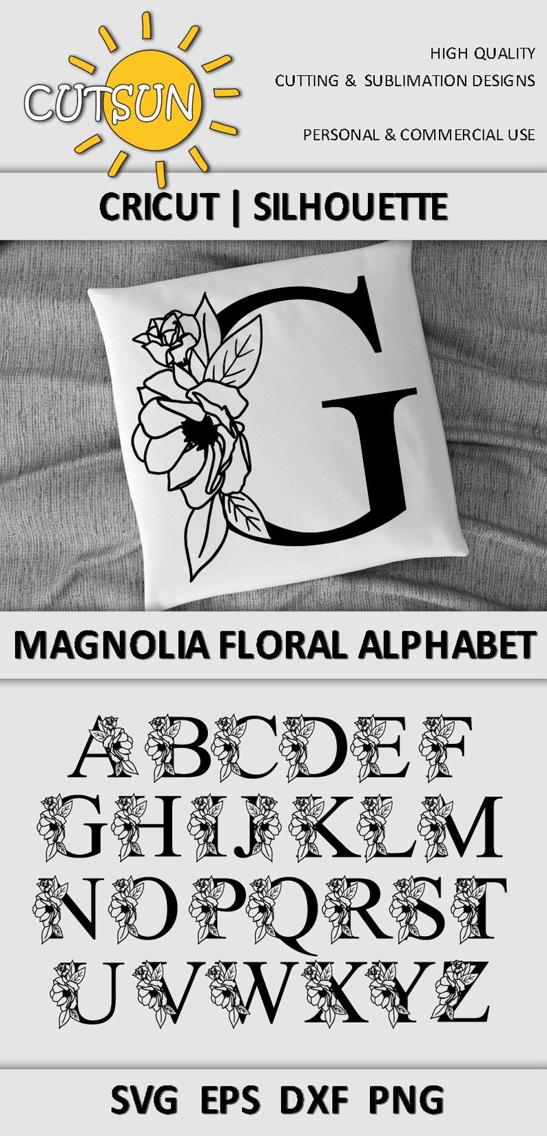 May include: Black and white digital design of the alphabet with magnolia flowers. The letters are in a bold font and the flowers are stylized. The design is labeled "Magnolia Floral Alphabet" and includes the text "SVG EPS DXF PNG".